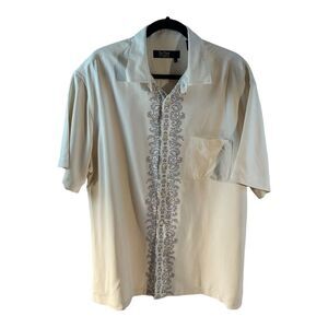 Nat Nast Mens XL 100% Silk Beige Button Up Shirt Short Sleeve Gray Flower Front